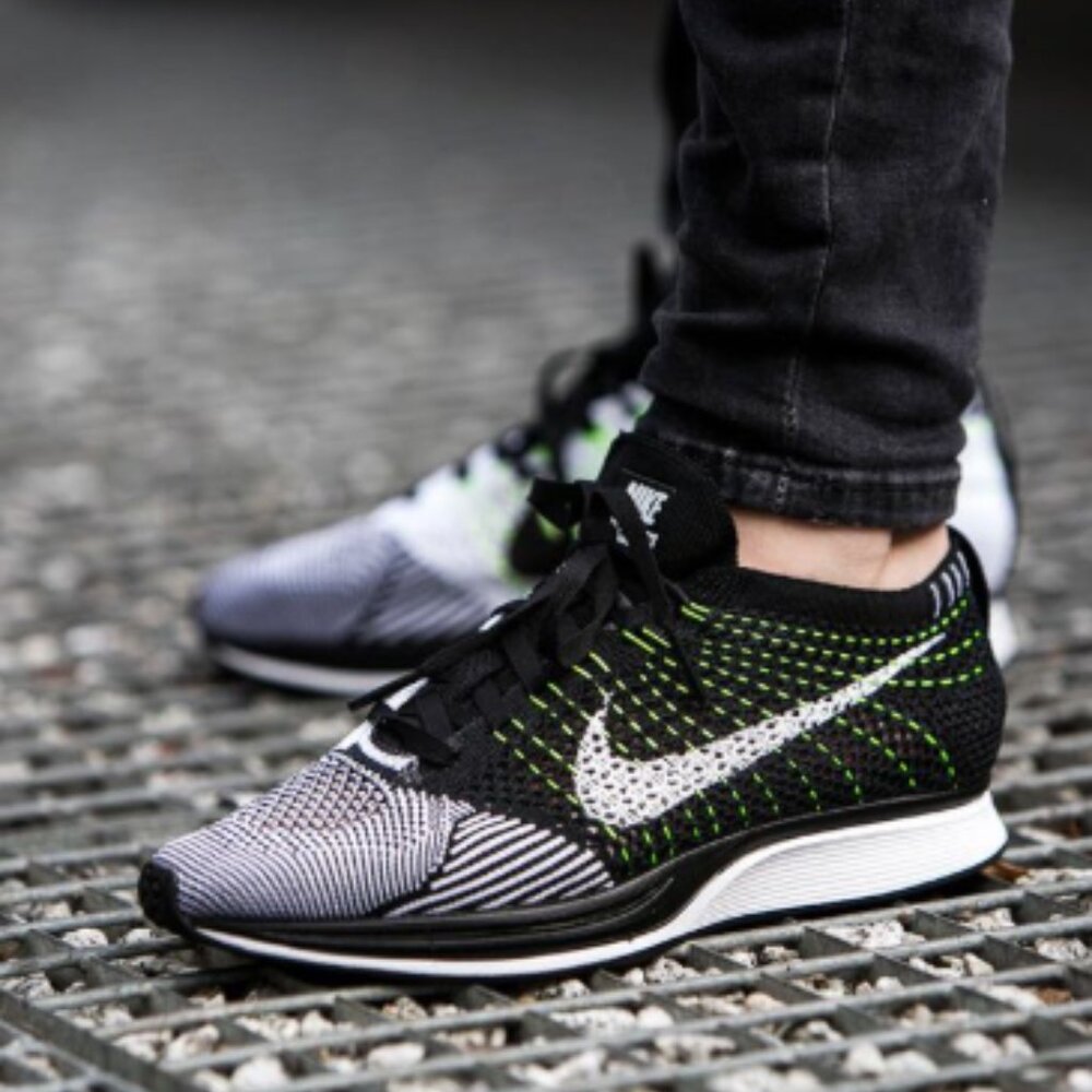 Nike Women's Flyknit Racers Black and White With Neon Orca Volt Wire